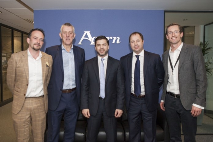 Secretary of State for Wales visits Acorn (L - R) - Lewis Fawsitt, Andrew Tugwell, Stephen Crabb, Dan Langford and Roger Moore