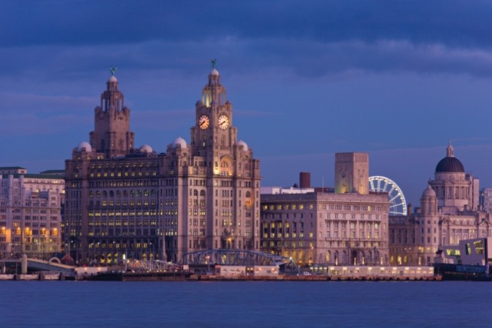 Skyline and Waterfront at night, Liverpool, Merseyside, England