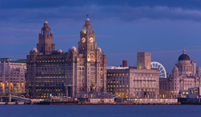 Skyline and Waterfront at night, Liverpool, Merseyside, England